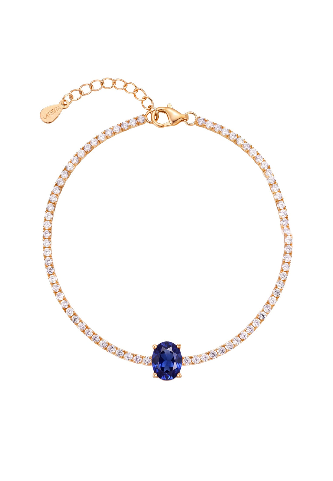 Gold oval gemstone tennis bracelet with sapphire center stone