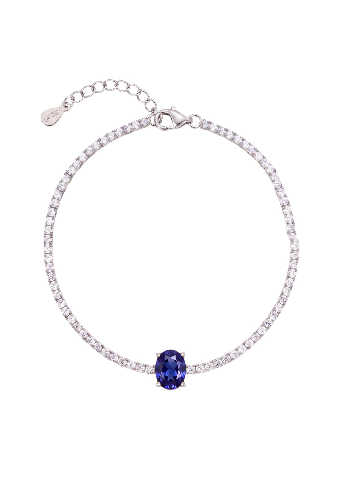 Silver tennis bracelet with oval sapphire gemstone centerpiece