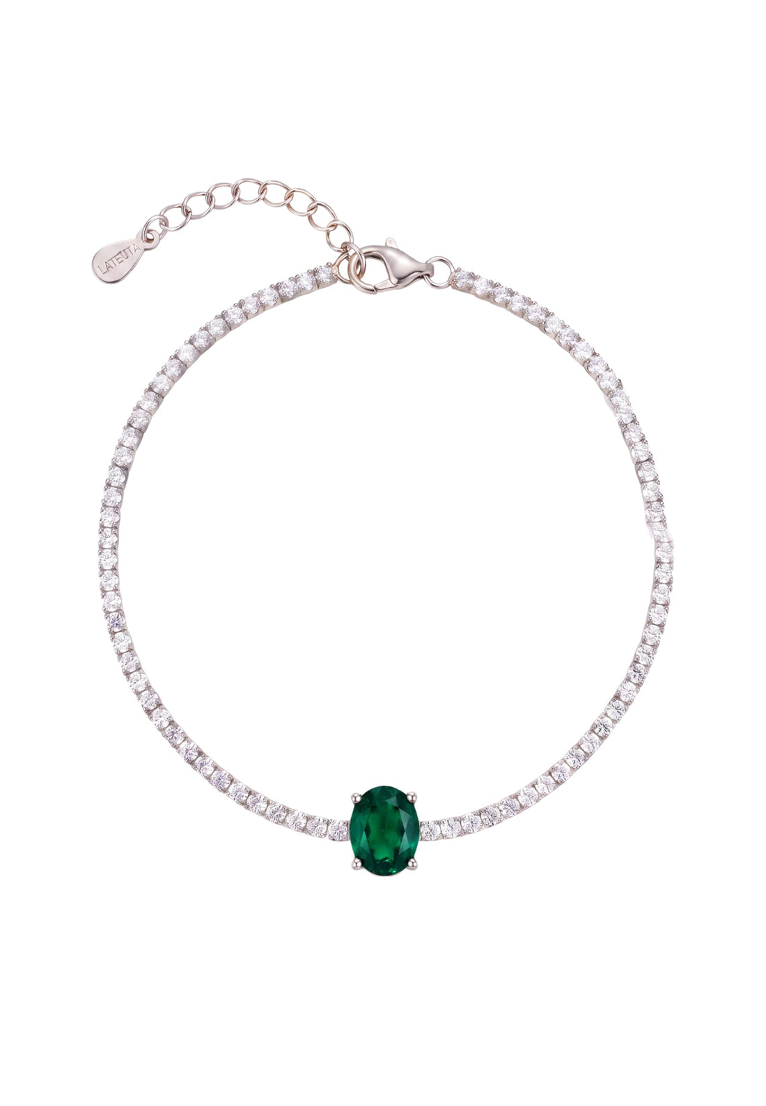 Silver tennis bracelet with emerald green oval center gemstone and white stones