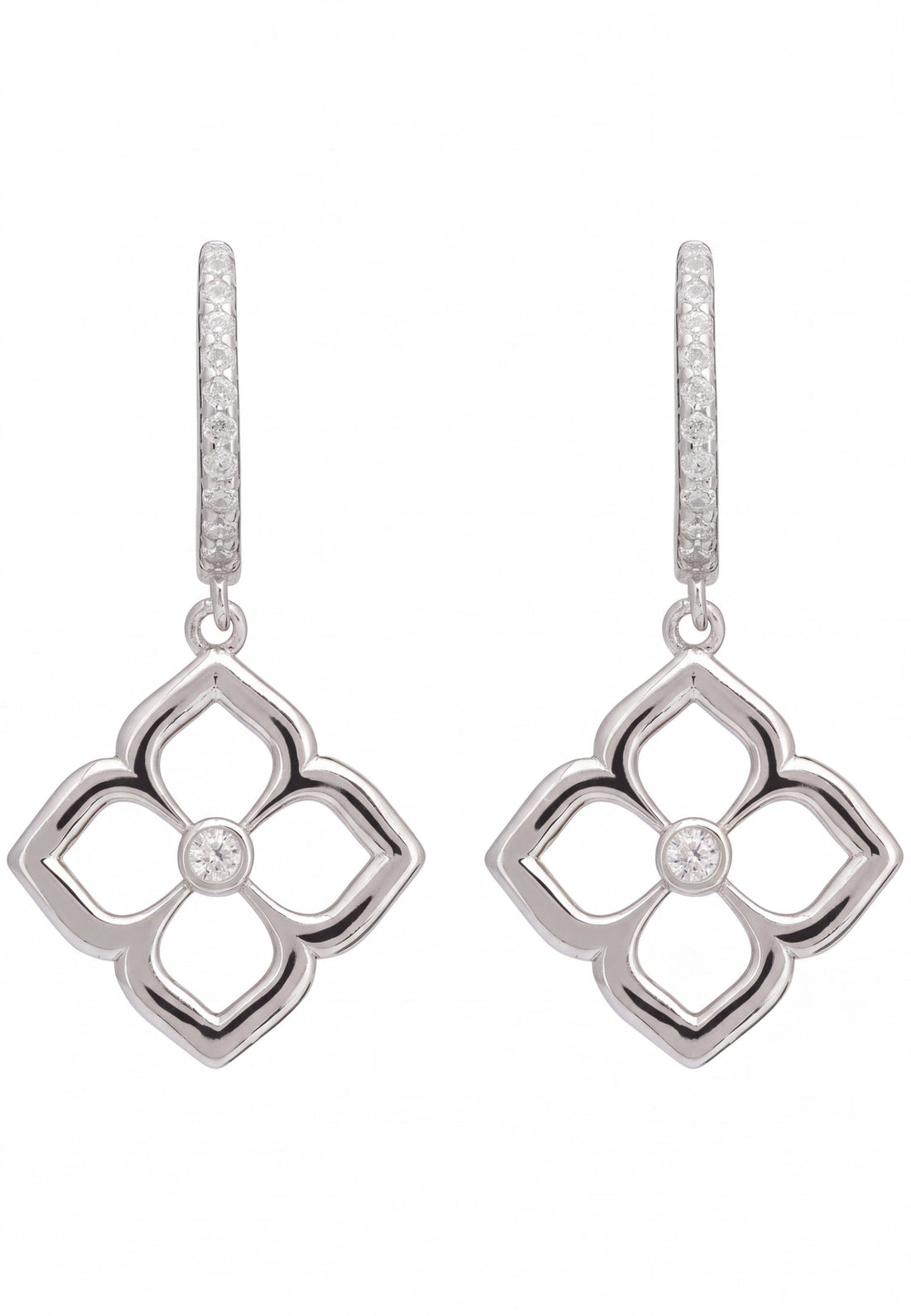 Silver drop earrings with open pointed clover flower and small round center stone.