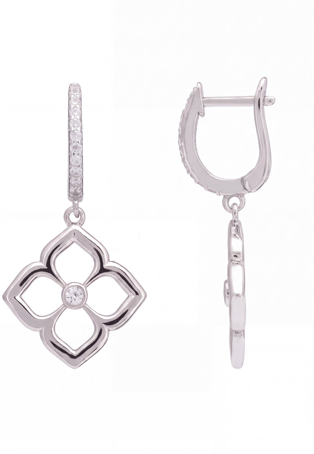 Silver clover flower drop earrings, shown with backs and round center stone.
