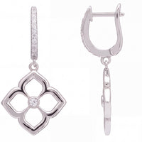 Silver clover flower drop earrings, shown with backs and round center stone.