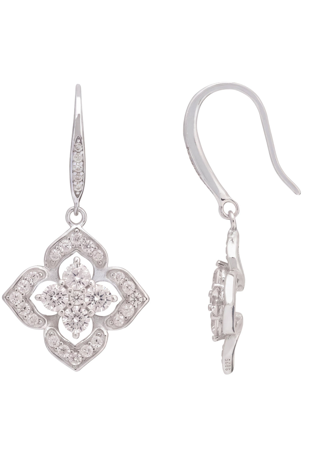 Silver CZ clover flower drop earrings, isolated pair with hook closures