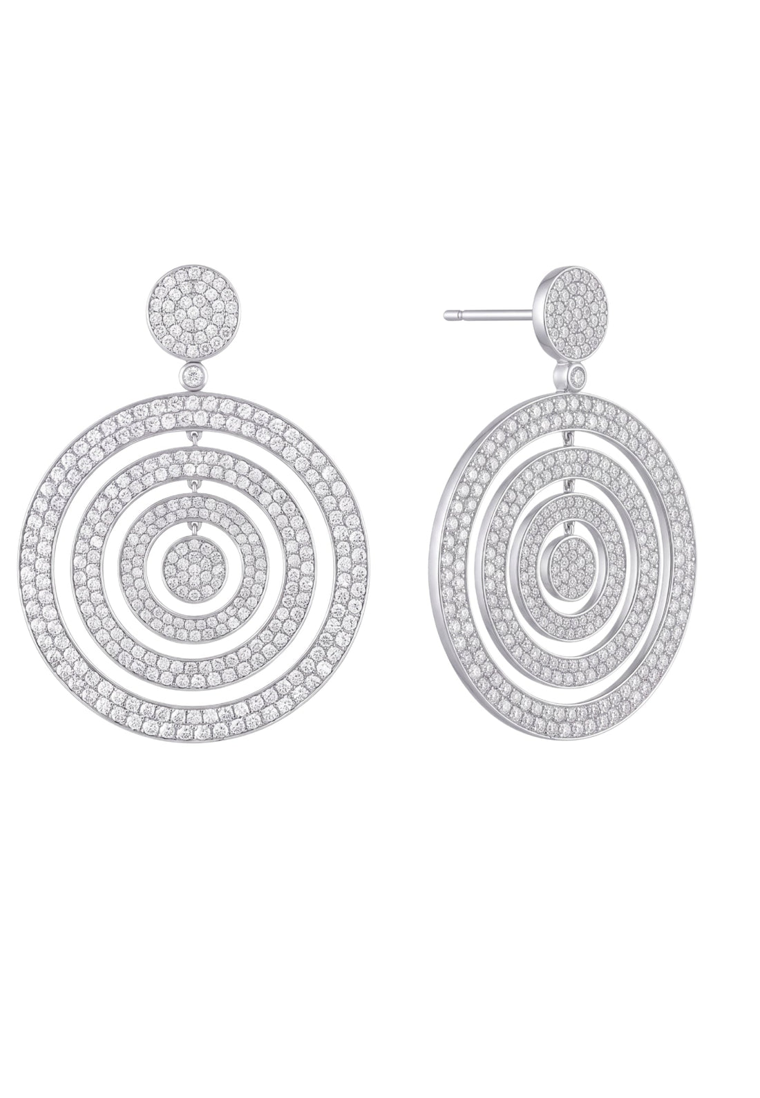Silver concentric circle drop earrings with pavé stones