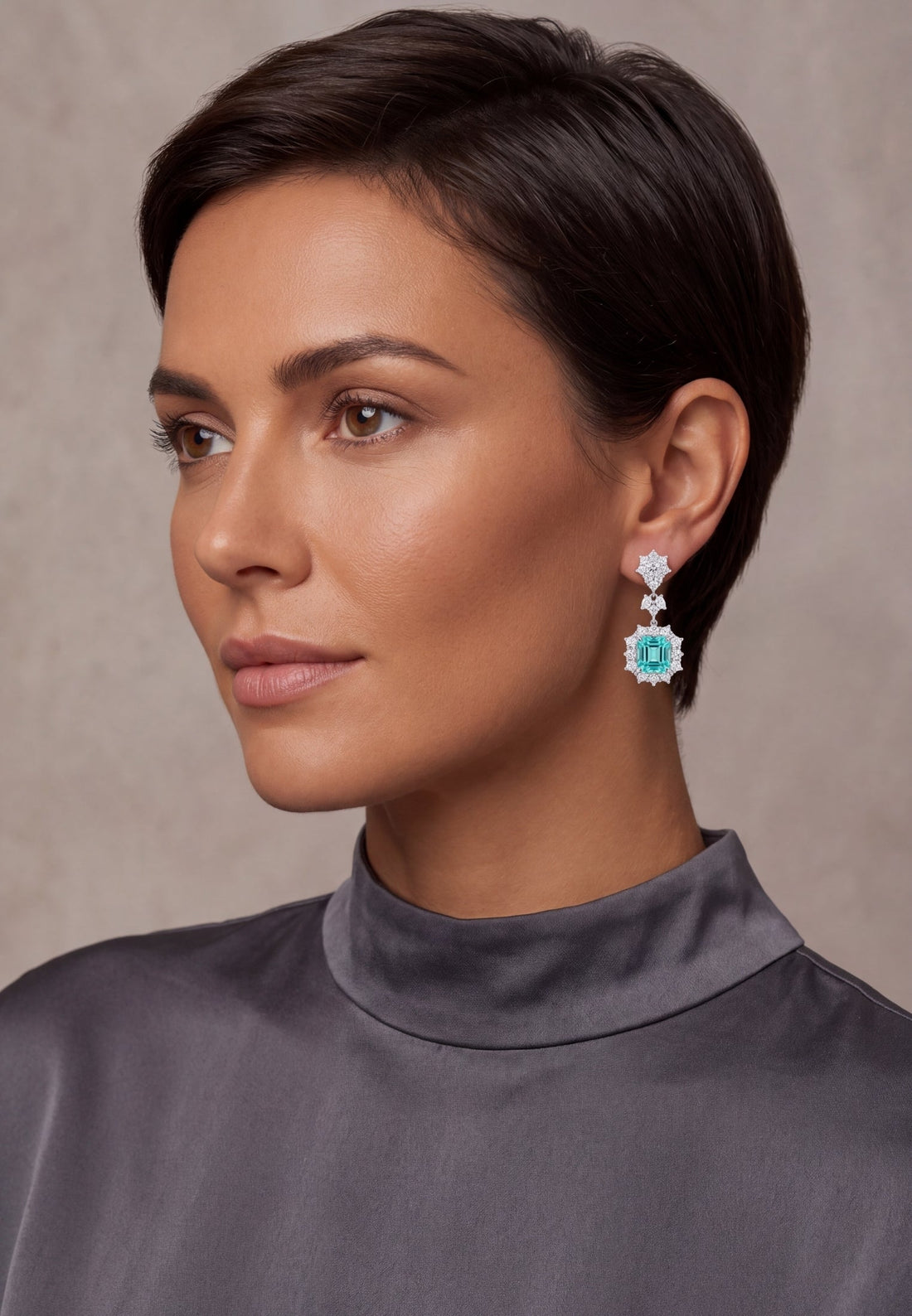 Silver teal aquamarine dangle earrings with cluster detailing and square stones