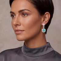 Silver teal aquamarine dangle earrings with cluster detailing and square stones