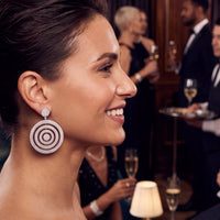 Silver statement drop earring with concentric circular pave design