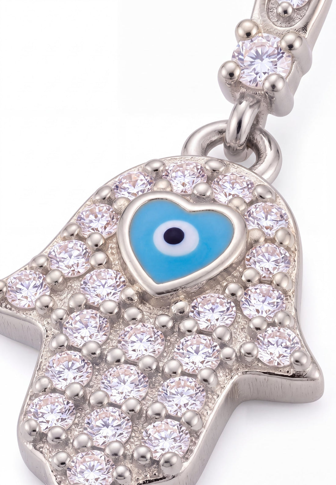 Silver-tone hamsa hand charm with blue enamel eye and sparkling clear stones.
