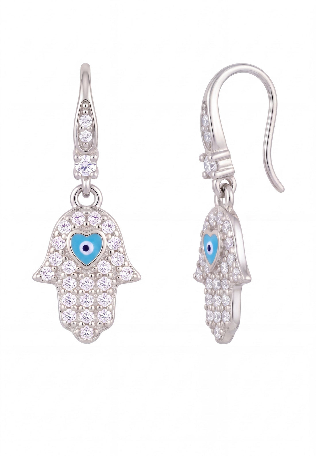 Silver-tone hamsa hand drop earrings with blue eye enamel and clear stone sparkle.