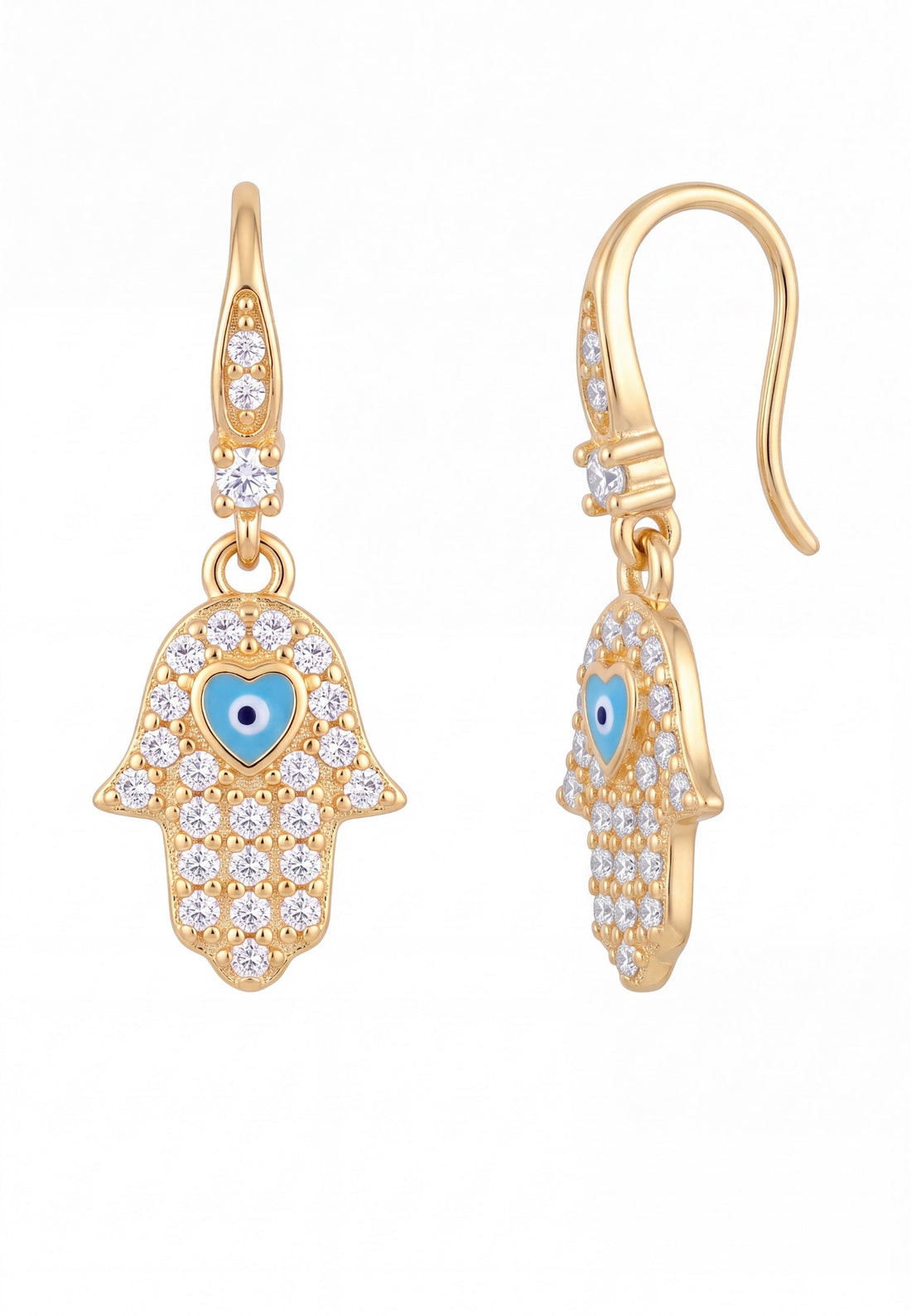 Gold hamsa hand drop earrings, shown from side with hook and stones