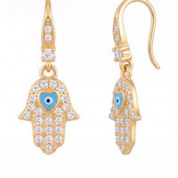 Gold hamsa hand drop earrings, shown from side with hook and stones