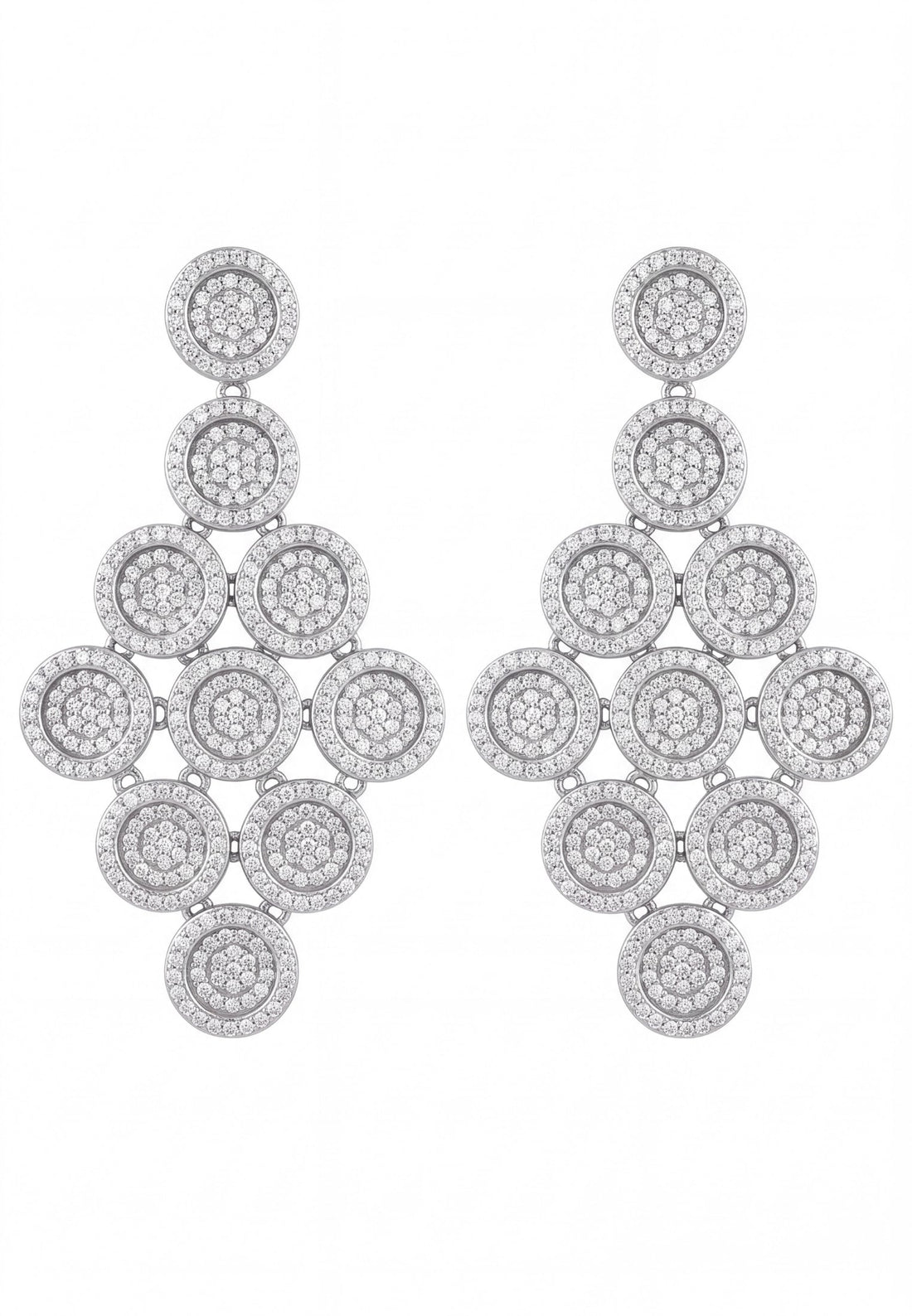 Silver cascading disc drop earrings with pavé circle clusters