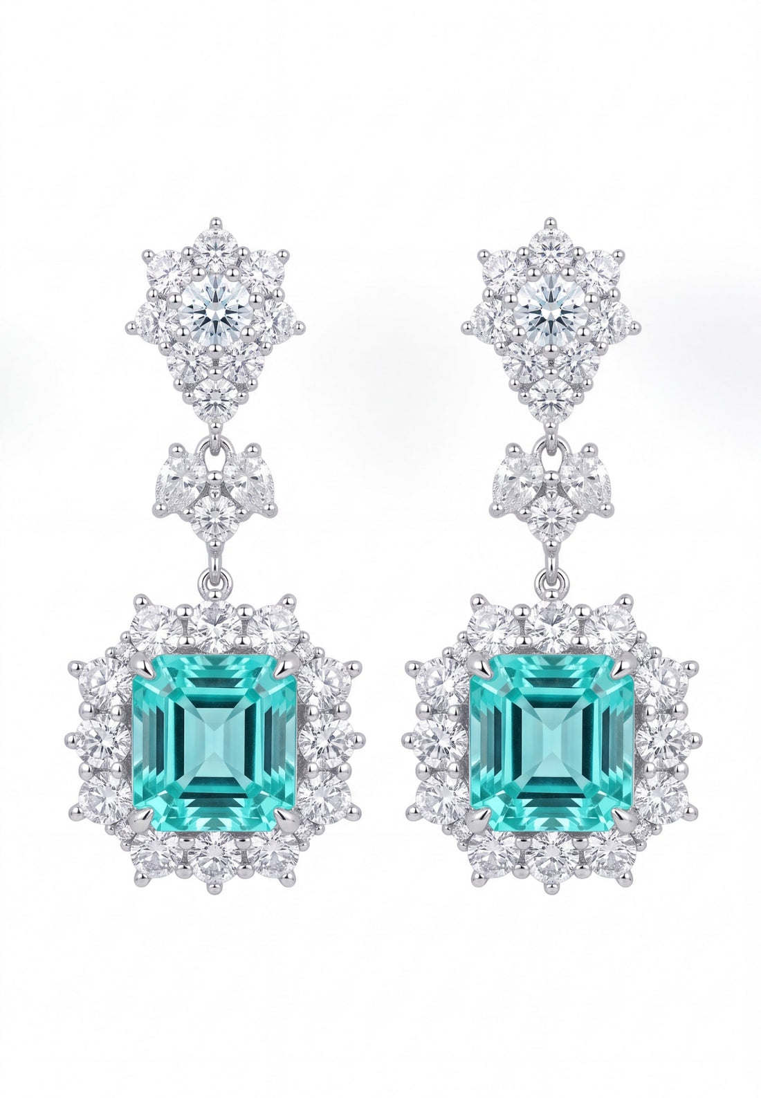 Silver drop earrings with teal aquamarine square stones and clear crystal halos