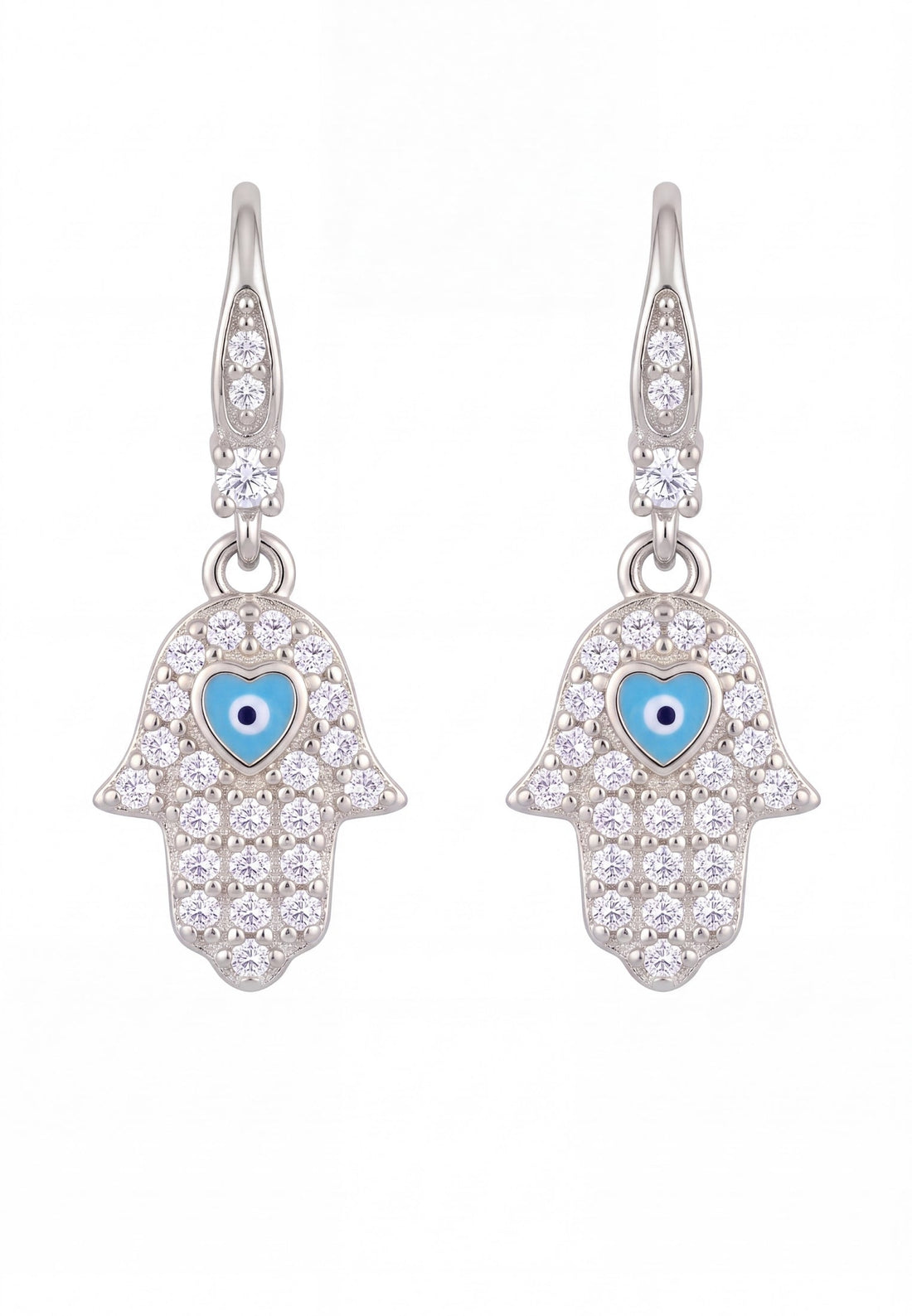 Silver-tone hamsa drop earrings with blue evil-eye enamel and crystal detailing.