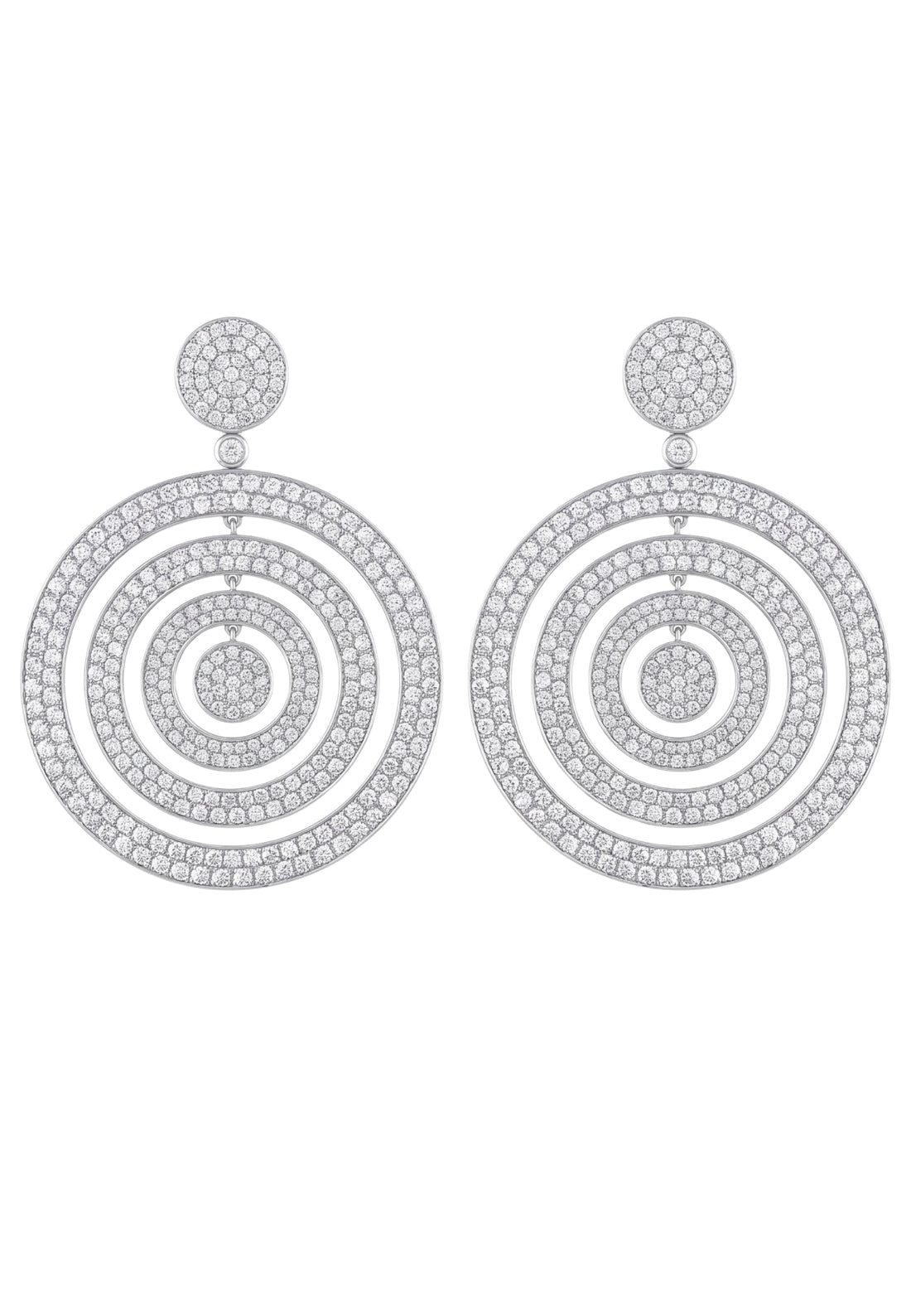 Silver statement drop earrings with concentric crystal circles