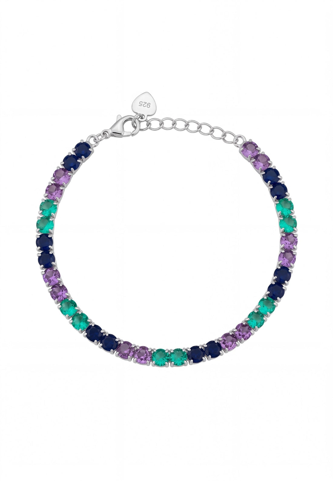 Silver tennis bracelet with multicolor gemstones and 925 charm