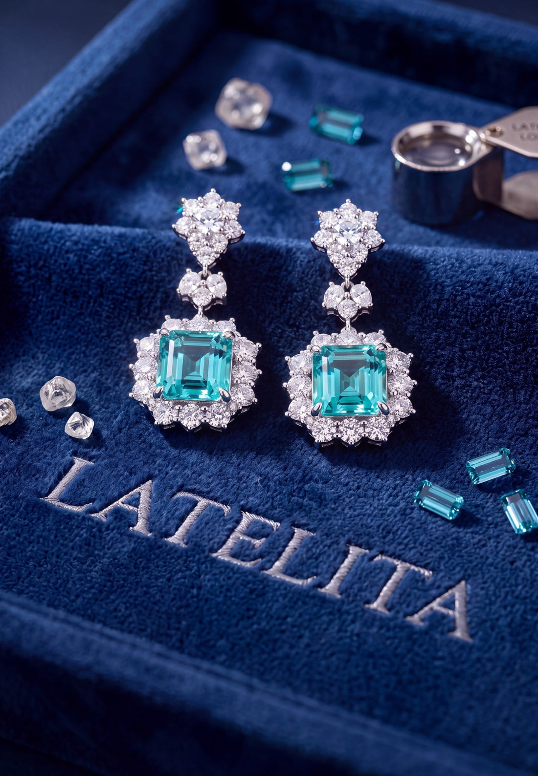 Teal aquamarine drop earrings in silver with crystal clusters and square center stones