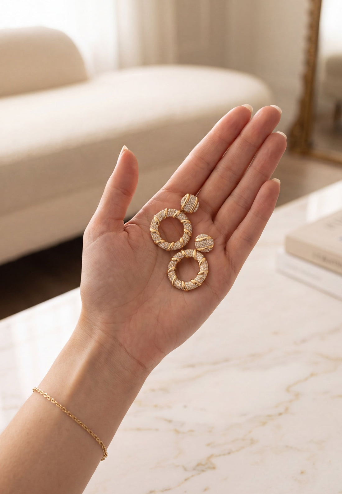 Gold Chantilly drop earrings with textured double hoops