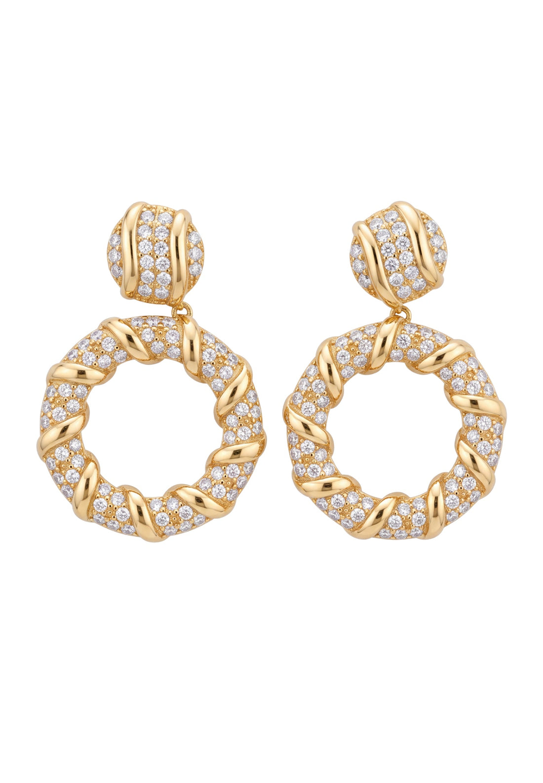 Gold drop earrings with pavé crystal hoop pendants