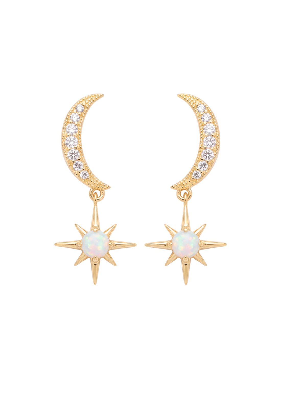 Gold crescent moon and starburst opal drop earrings