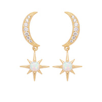 Gold crescent moon and starburst opal drop earrings
