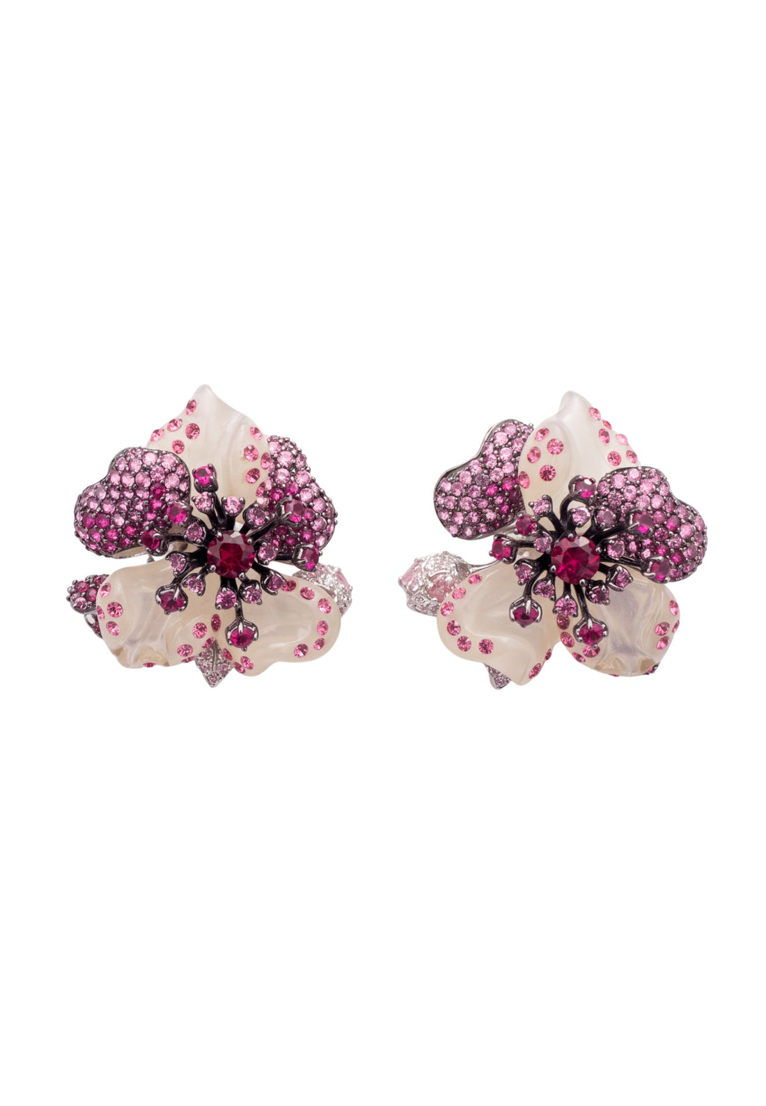 Rhinestone flower stud earrings with silver-tone posts, pink and white petal design