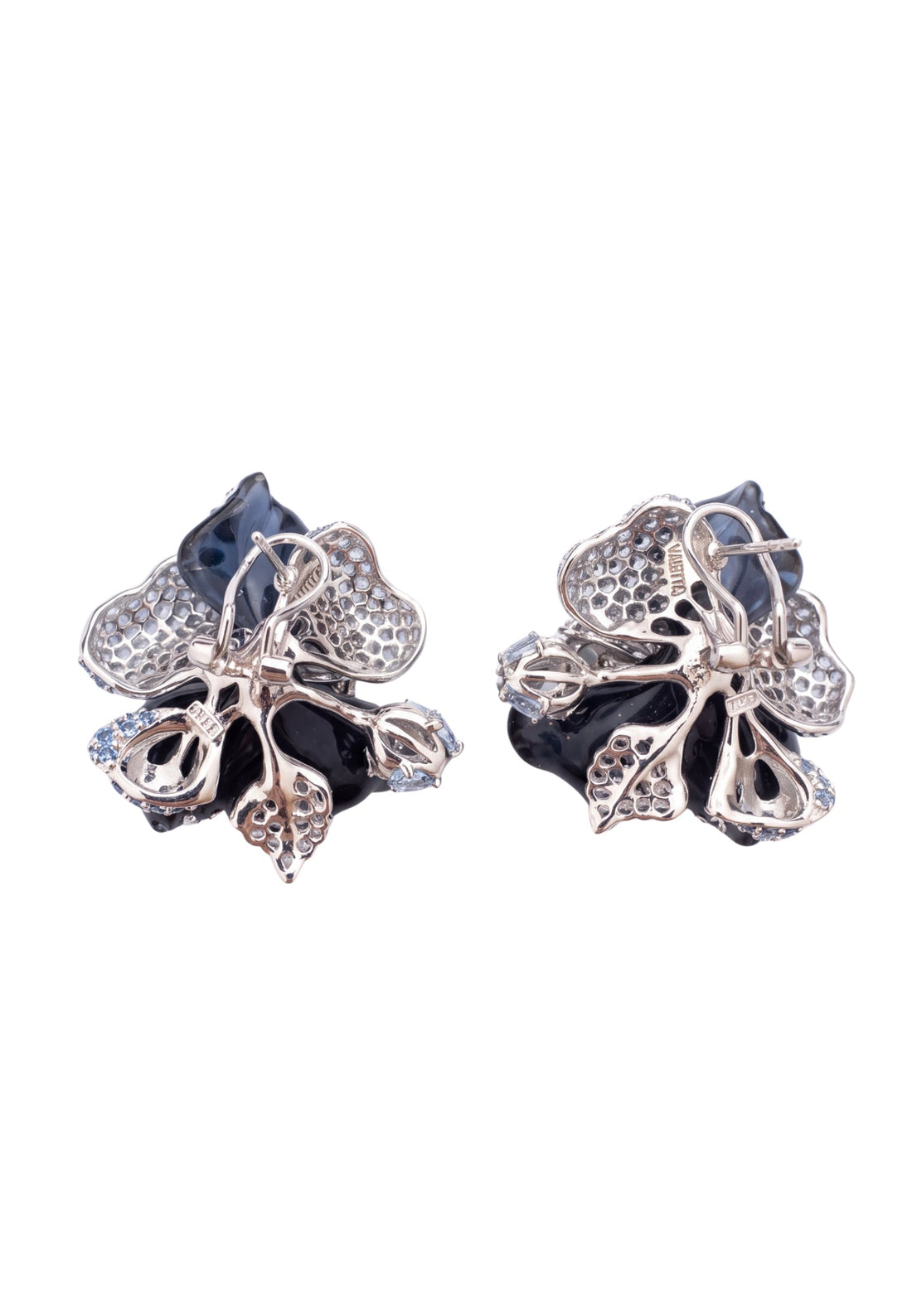 Blue and purple flower stud earrings back view with silver-tone posts and backs.