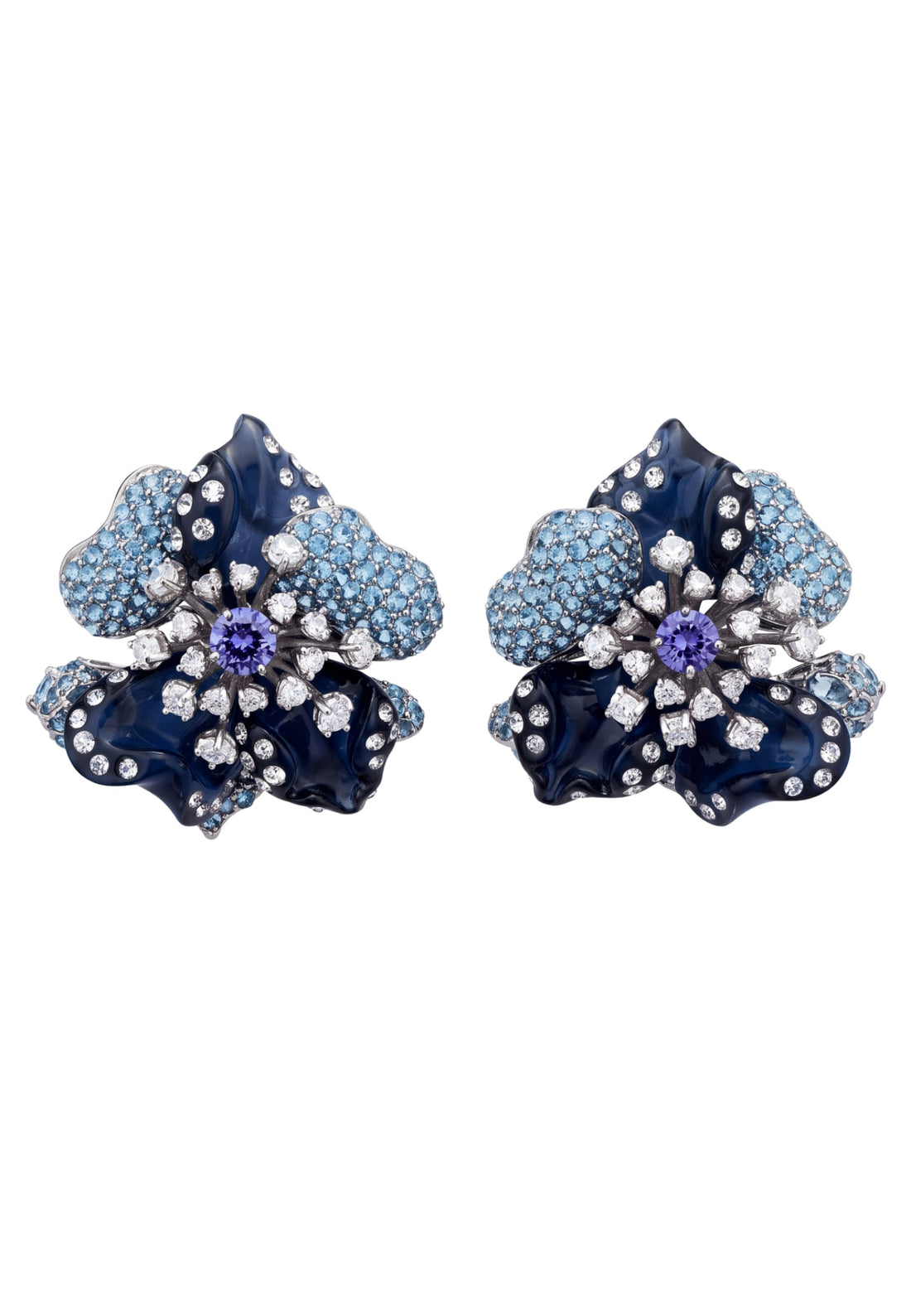 Blue orchid flower stud earrings with purple center and clear stones, silver-tone.