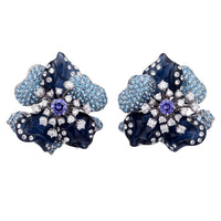 Blue orchid flower stud earrings with purple center and clear stones, silver-tone.