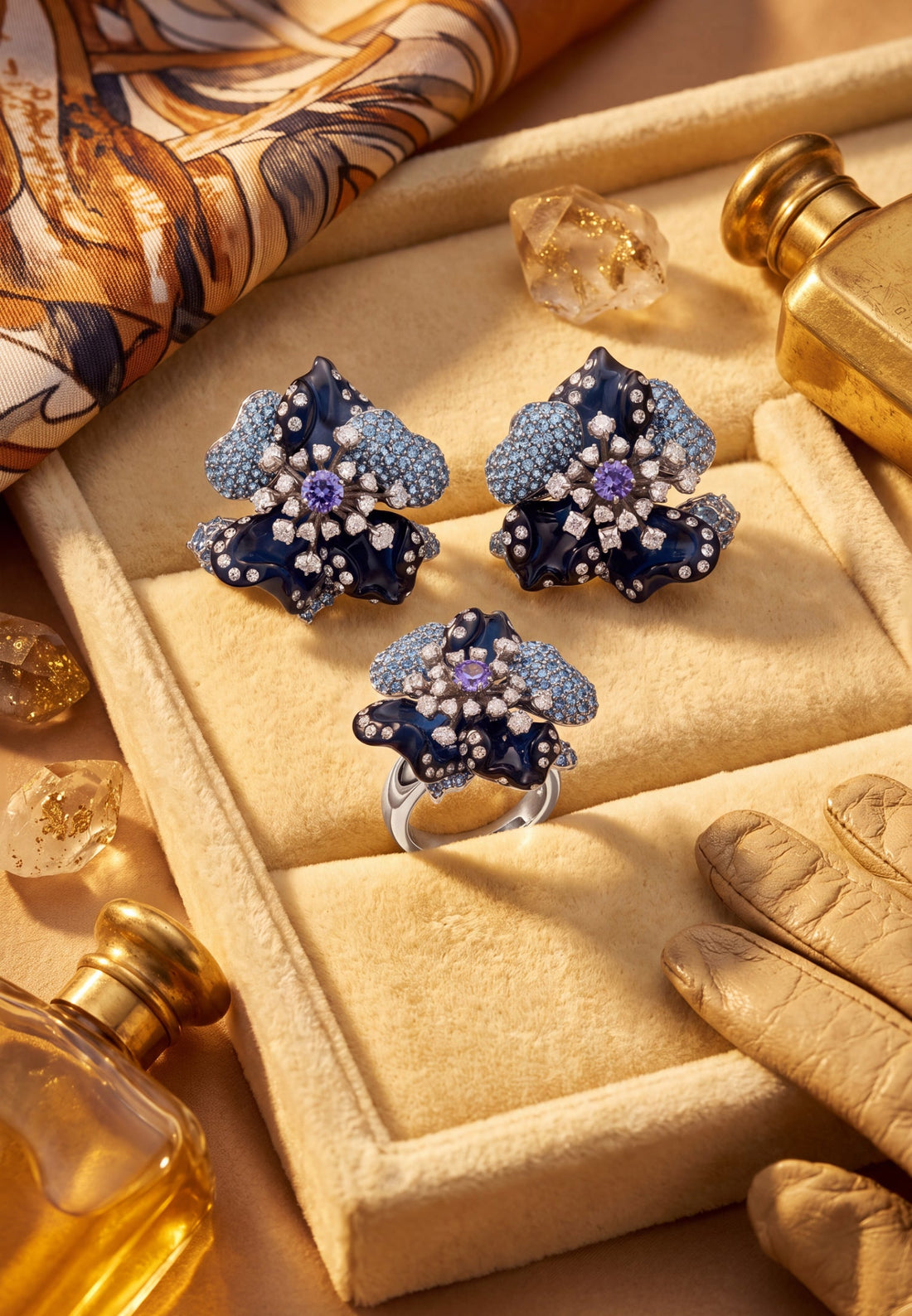 Blue orchid flower stud earrings with purple center stones on jewelry display box.