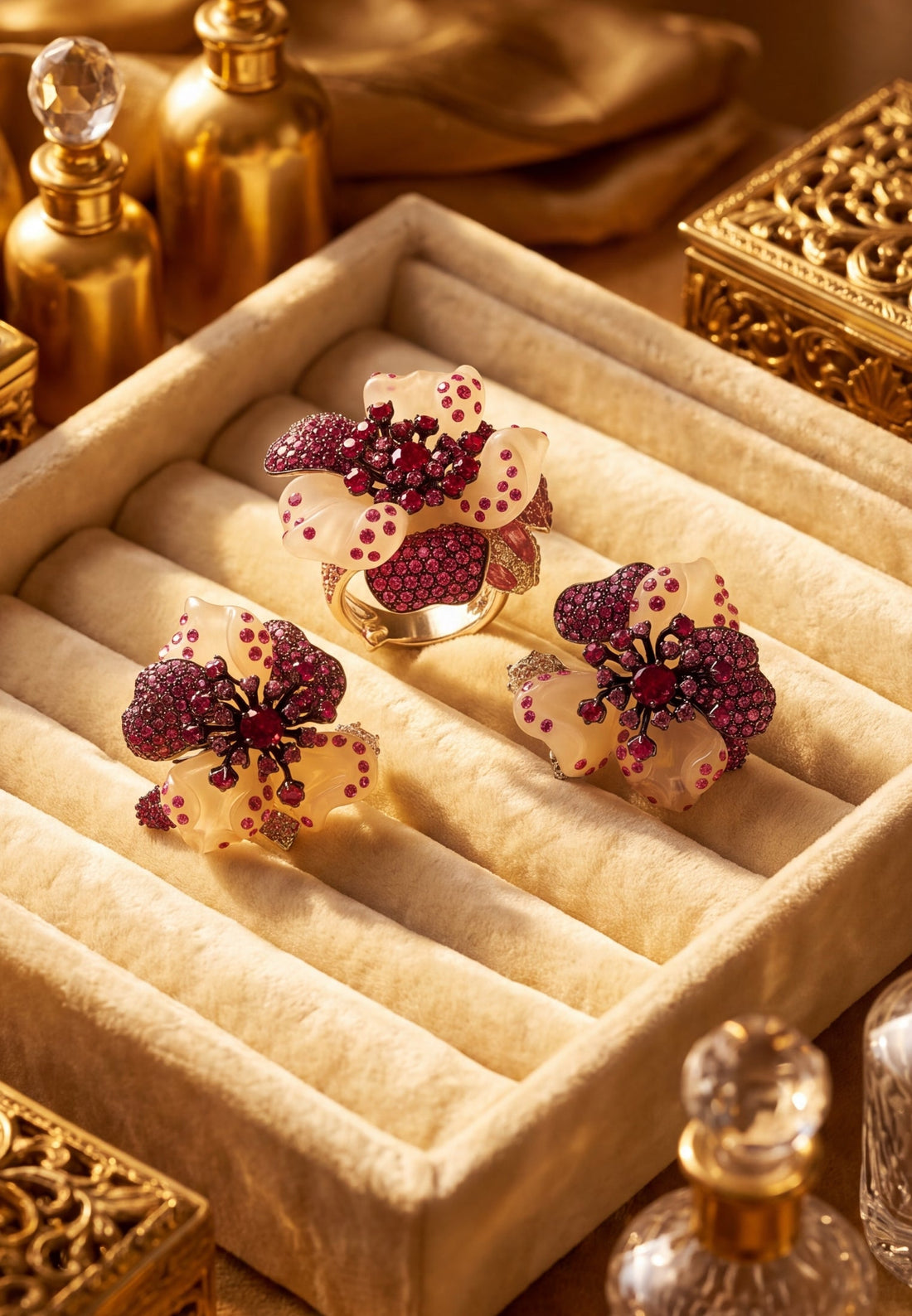 Rhinestone flower stud earrings displayed in a velvet jewelry box, pink and white