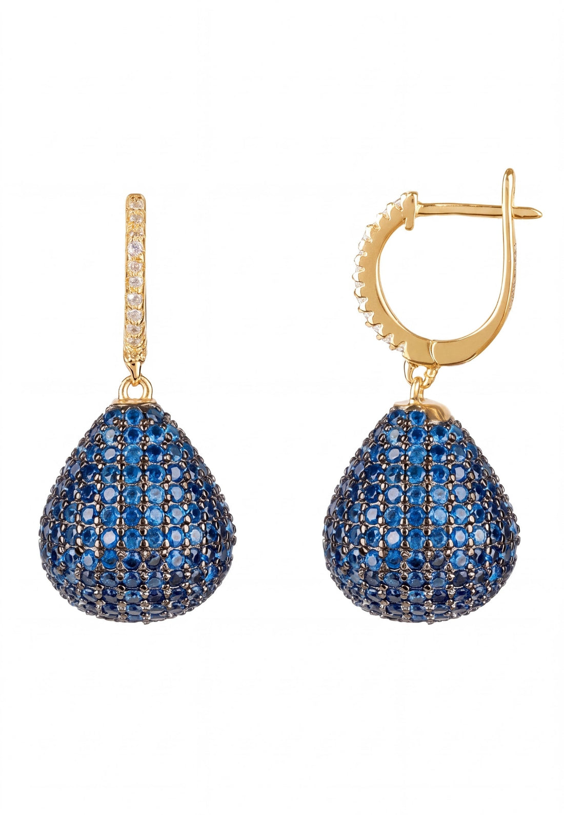 Gold pear drop earrings with blue pavé gemstone drops