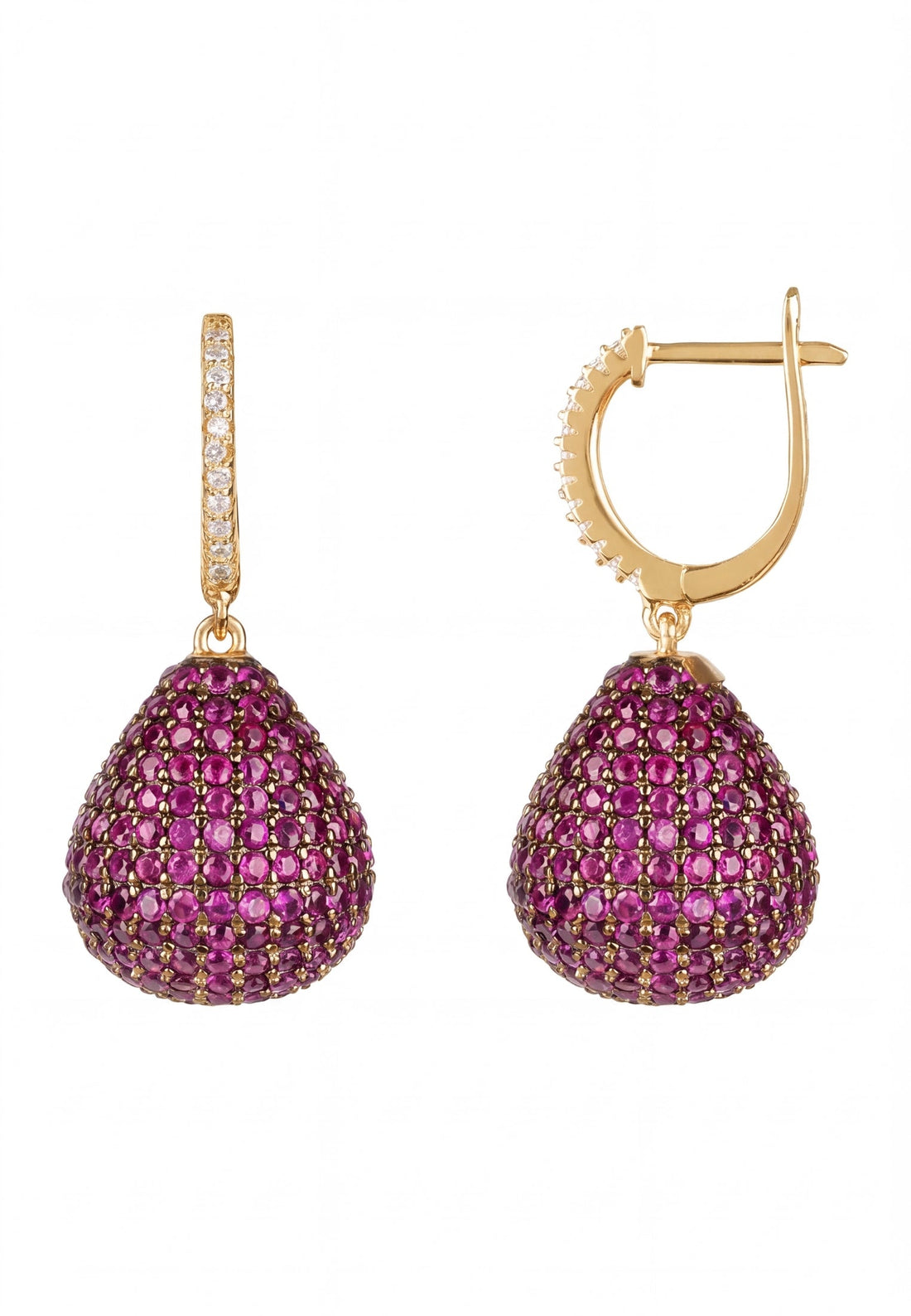 Gold pear drop gemstone earrings with ruby pavé teardrop charms