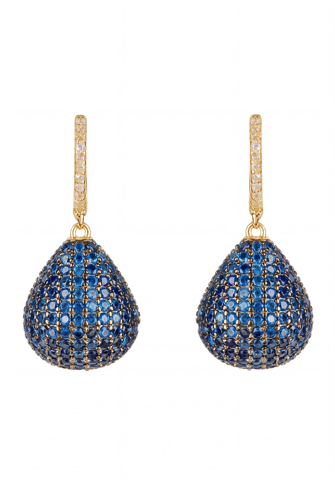 Pear drop earrings with sapphire blue pavé stones and gold hooks