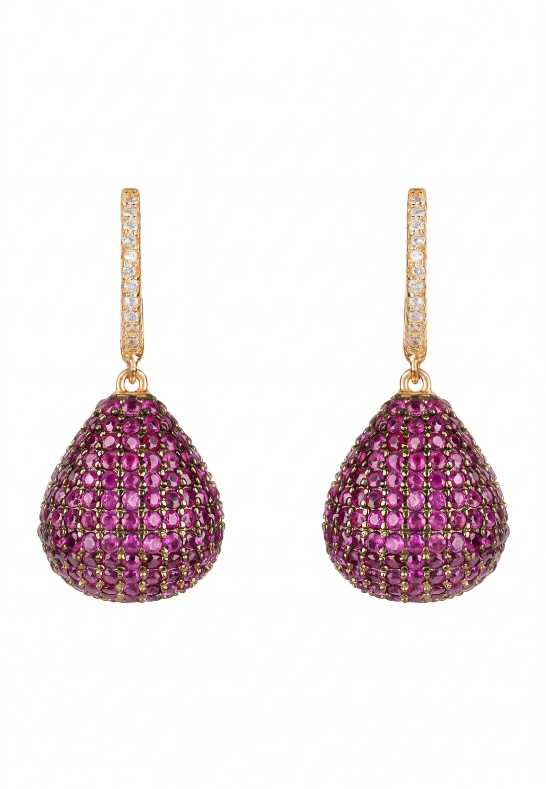 Gold drop earrings with pear-shaped ruby pavé and clear stone hoops