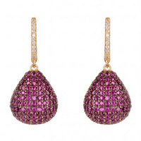Gold drop earrings with pear-shaped ruby pavé and clear stone hoops