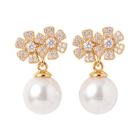 Gold-tone flower cluster pearl drop earrings with round faux pearls and crystal accents
