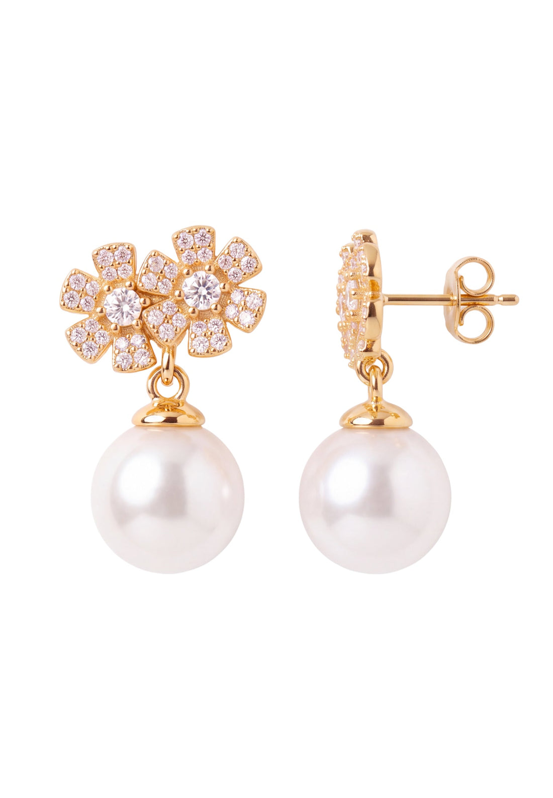 Gold-tone crystal bouquet pearl drop earrings with visible post and back