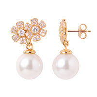 Gold-tone crystal bouquet pearl drop earrings with visible post and back