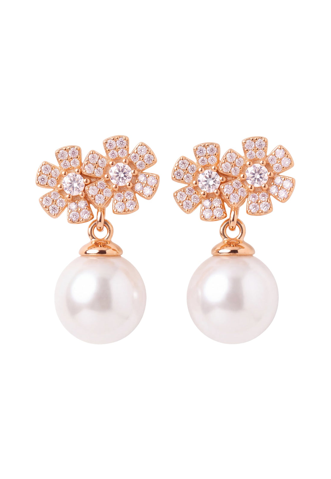 Rose gold flower cluster drop earrings with white pearl dangles
