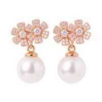Rose gold flower cluster drop earrings with white pearl dangles