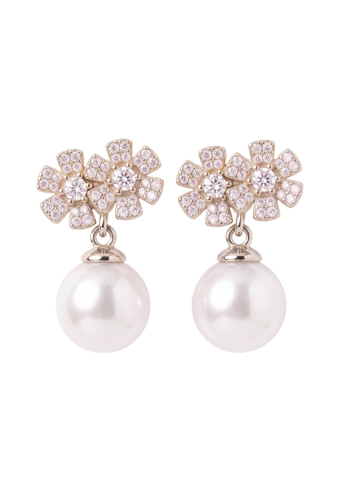 Silver floral crystal stud earrings with pearl drop, bouquet design