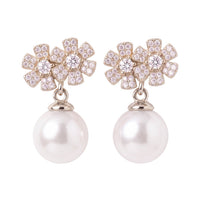 Silver floral crystal stud earrings with pearl drop, bouquet design