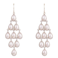 Silver-tone pearl teardrop chandelier earrings with five cascading drops and hook backs