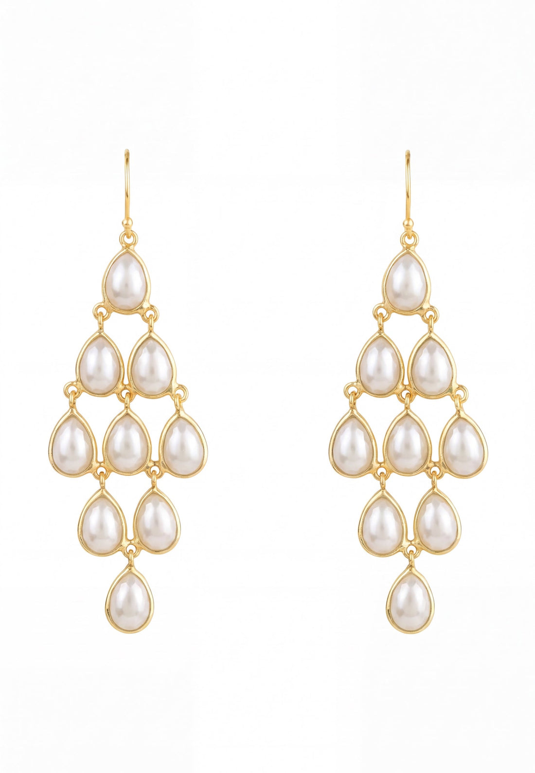 Gold-tone pearl drop chandelier earrings with multiple teardrop pearls