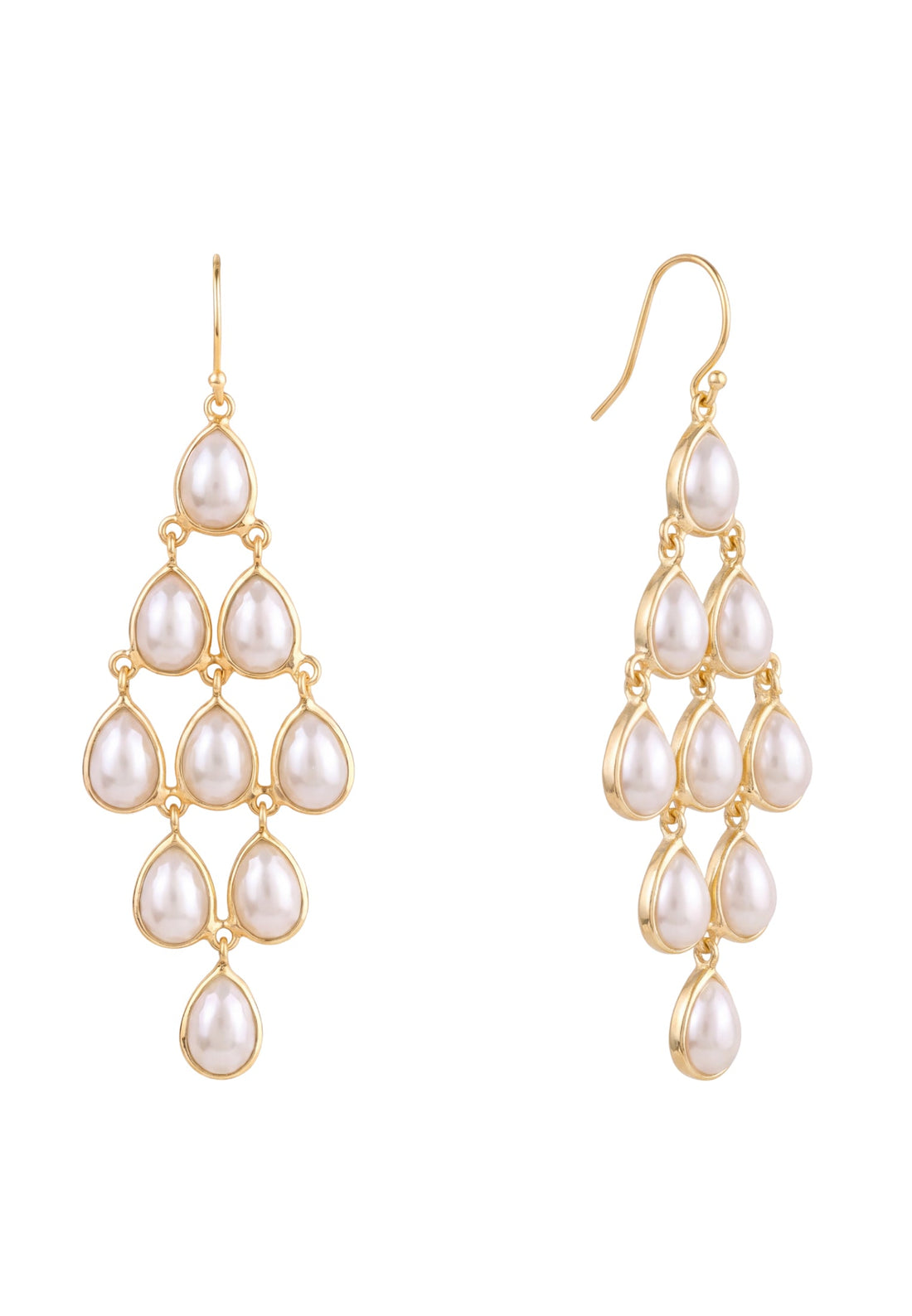 Gold-tone pearl teardrop chandelier earrings, front and side view