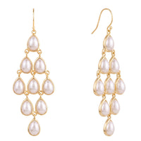 Gold-tone pearl teardrop chandelier earrings, front and side view