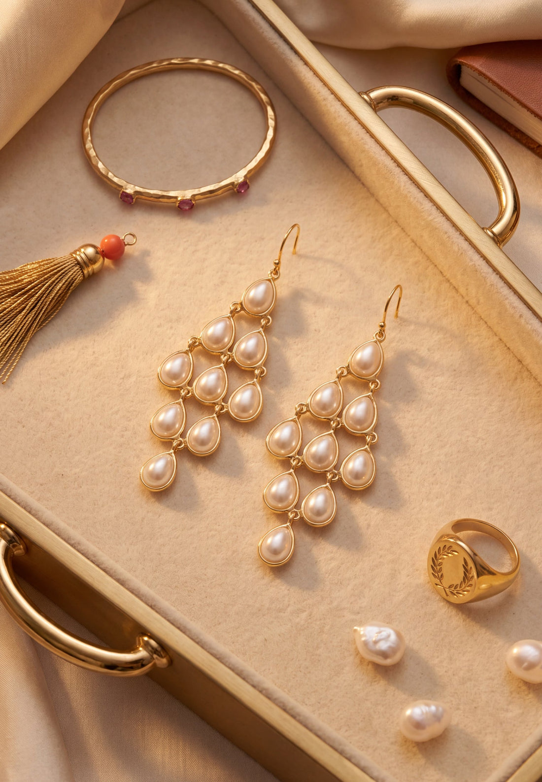 Gold-tone pearl chandelier earrings with teardrop pearls, close-up on jewelry tray