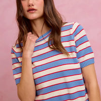 Blue, red and white striped crew neck short-sleeve knit sweater top; ribbed cuffs and hem