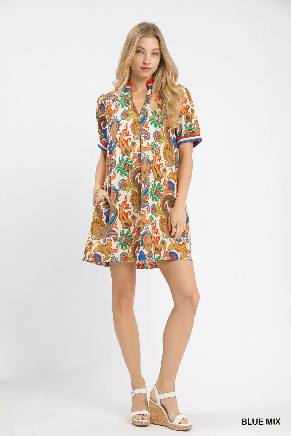 Blue mix abstract print mini dress with short sleeves and collared neckline